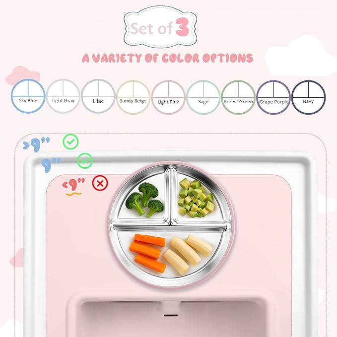 Stainless Steel Suction Plates for Toddlers, 9" Divided Kids Baby Plates with Removable Silicone Suction, Non Toxic Non Slip Portion Control Snack Dishes 3 Packs, Pink Beige Lilac