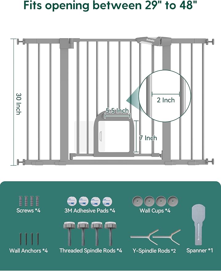 Babelio 29-48" Extra Wide Baby Gate with Adjustable Cat Door,Easy Install Pressure/Hardware Mounted,Auto Close Pet door for Stairs,House,Doorways,Effortless Walk Thru,Gray