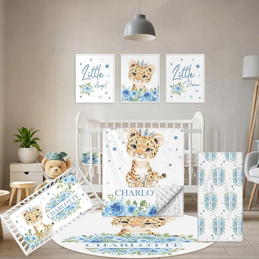 Personalized Crib Bedding Set, 5 Pcs Custom Nursery Bedding Sets with Name, Infant Bedding Set for Baby Boy Girl, Blue Leopard Double Layer Baby Crib Set, Babies Toddlers Kids Customized Gifts