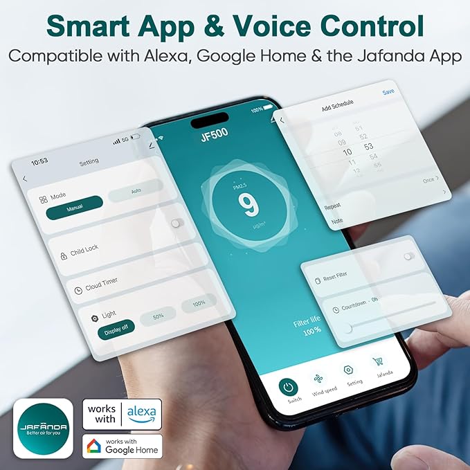 Jafända Large Room Air Purifier for Home up to 2105ft², Quiet Air Cleaner for Bedroom, 4×Ture Activated Carbon Air Filter Removes Pet Dander/Hair/Odor Allergies Dust Smoke Pollen