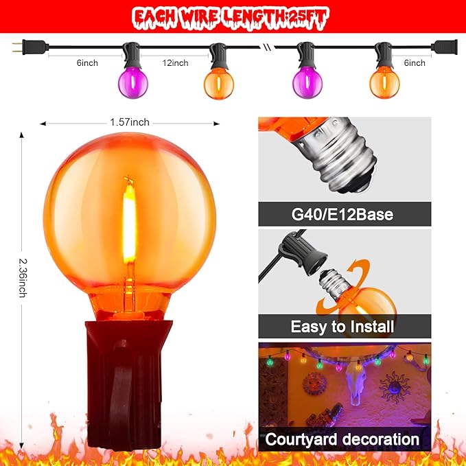 25FT Outdoor Halloween String Lights, G40 Outdoor Halloween Decorations Light with 27 LED Shatterproof Orange Purple Globe Lights(2 Spare), Hanging Patio Lights for Holiday Balcony Backyard Party