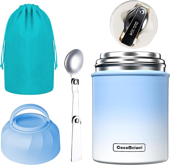 Soup Thermo for Hot Food & Drinks, Thermo Lunch Box for Kids, 17oz Vacuum Insulated Food Container with Spoon&&Drawstring Bag, Soup Therm for Adults, Blue&White