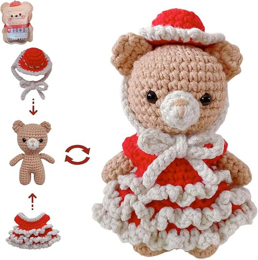 LoopMap Crochet Kit for Beginners - DIY Amigurumi Bear with Removable Dress & Accessories - Step-by-Step Video Tutorials, Extra Yarn, Crochet Tools, Handmade Gift for Kids & Adults (Bear K02, red)