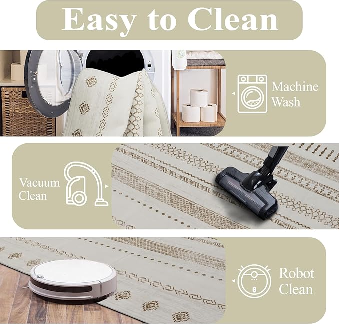 9x12 Area Rug Living Room Rugs, Boho Stain Resistant Washable Rug, Vintage Large Non-Slip Backing, Low Pile Lightweight Print Rug for Bedroom Dinning Room Home Office (Beige)