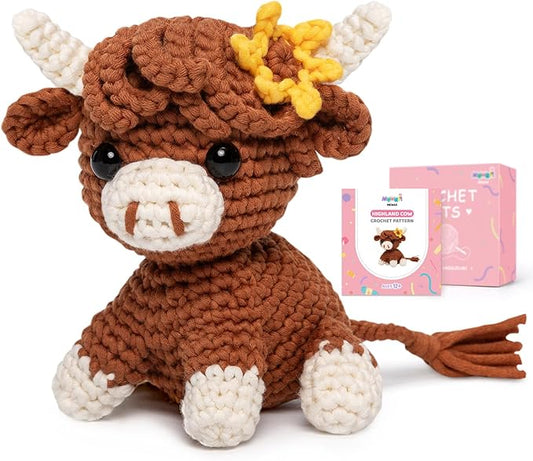 Mewaii Crochet Kit for Beginners Level 3 with 40% Extra Eco-Friendly Pre-Started Easy Yarn, Step-by-Step Video Tutorials for Adults and Kids (Highland Cow)