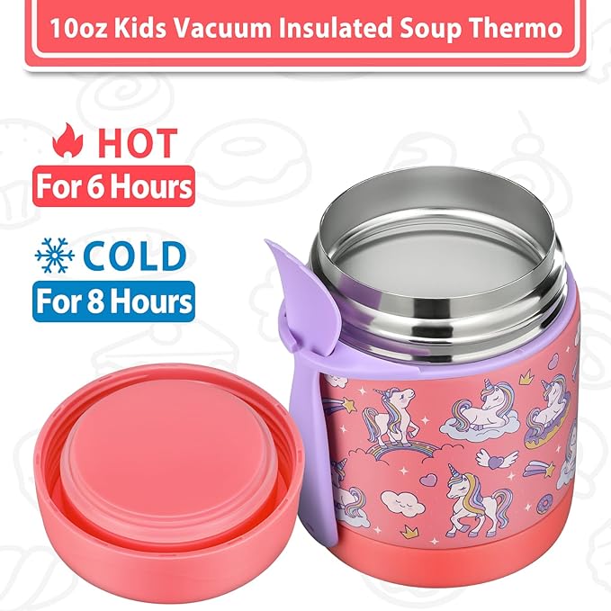 10oz Soup Thermo for Hot Food Kids,Lunch Thermo Kids Food Jar with Spoon Hot Insulated Food Containers,Leak Proof Stainless Steel Wide Mouth Lunch Food Thermo Jar for School(Pink-Unique Horse)