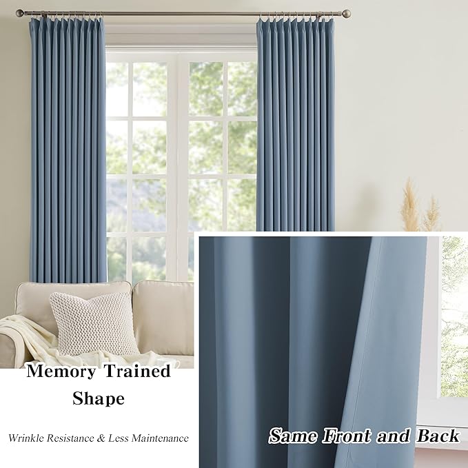 KEQIAOSUOCAI Pinch Pleated Blackout Curtain Drapes for Window 95" L - Triple Weave Energy Saving Thermal Room Divider Blackout Panels for Patio (72" Wide per Panel, 2 Panels, Dusty Blue)