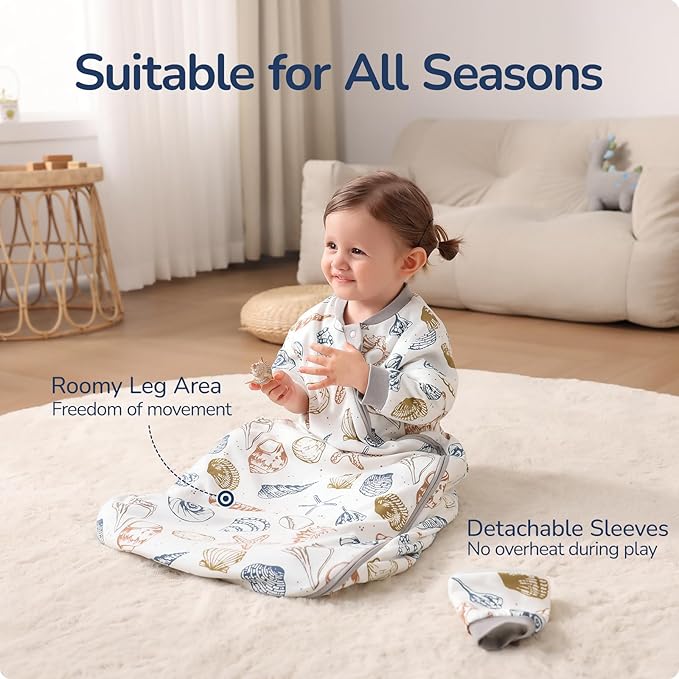 Baby Sleep Sack 18-24 Months, Cotton Detachable Long Sleeve Sleep Sack, 1.0 Tog Toddler Sleeping Sack with Temperature Strips, 2-Way Zipper Wearable Blankets for Newborns, Ocean