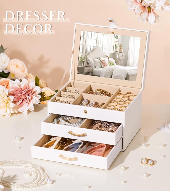 White Jewelry Box Organizer: Home Decor for Women - 2-Drawer Holder for Valentine’s Day Birthday Christmas White Grey-Purple