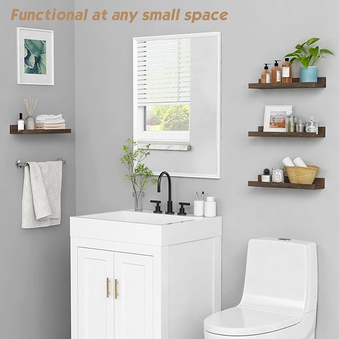 Forbena Dark Wood Nursery Floating Shelves for Wall Set of 4, Short Wall Bookshelf for Kids Bedroom, Wooden Hanging Book Shelves with Rail for Nursery Books, Baby Room Bathroom Storage (Dark Brown)