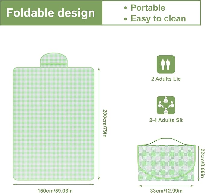 UDEAR Foldable Picnic Blanket,80"x60" Waterproof, Sandproof, Portable with Tote Bag for Beach, Park, Camping, and Travel,Green Plaid