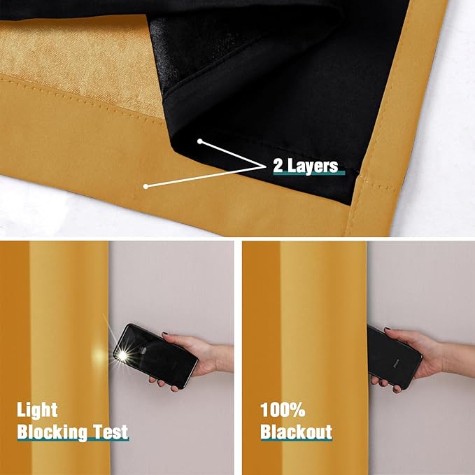 ChrisDowa 100% Blackout Curtains 80 inch Long for Bedroom with Black Liner, 2 Thick Layers Total Blackout Thermal Insulated Grommet Window Curtains 2 Panels Set (Mustard Yellow, 52 x 80 Inch)