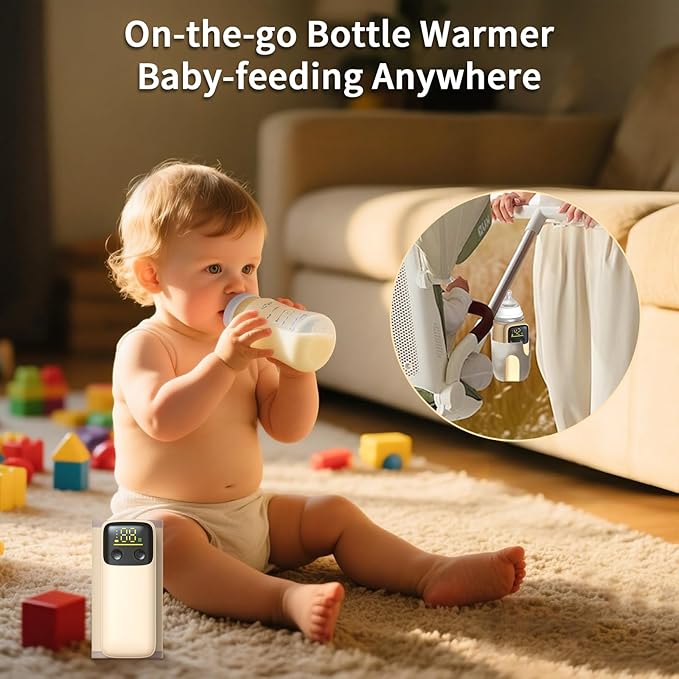 Portable Bottle Warmer, Travel-Friendly, Leak-Proof, Precise Temp-Control & LCD Display, Long Battery Life for Constant-Warm for 5-8 Hours, Feeding While Charging, Fast-Charging