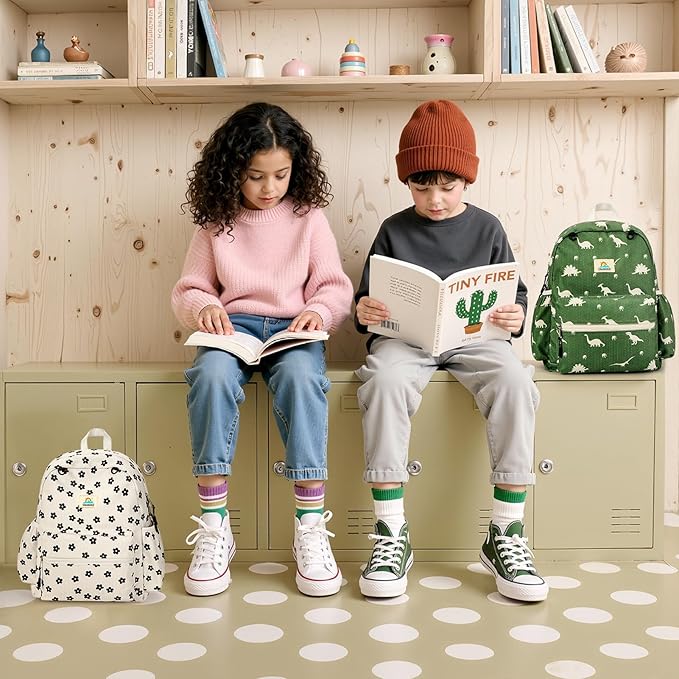 STEAMEDBUN Corduroy Kids Backpack for Girls and Boys 5-8: Girls Backpack for Elementary Kindergarten - 15 inch Cute Backpacks for Kids - Flower