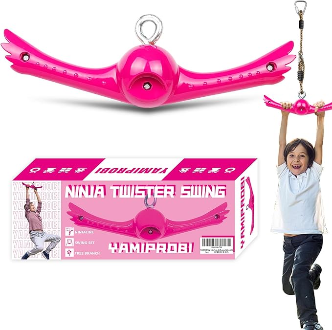 Ninja-Twister Swing Spins Set: Slackline Attachments - 360° Handle Twist-Spin Flips Toy Activate Ninja Powers - Ninja Warrior Accessories - Kids Ninja Hang Toys for Playground Backyard,Pink