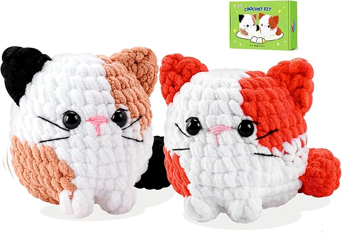 Cat Crochet Kit for Beginners-2PCS Calico Cats Crochet Kits for Adults Kids, Crochet Starter Kit with Step-by-Step Video Tutorials,Crochet Animal Kits Knitting Kit Learn to Crochet Kits