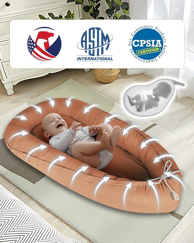 Baby Lounger - Infant Lounger for Newborn 0-24 Months, Pure Cotton Breathable Baby Nest Lounger Cover, Newborn Essentials for Baby Boys & Girls, Co Sleeper Portable Baby Bed for Home and Travel