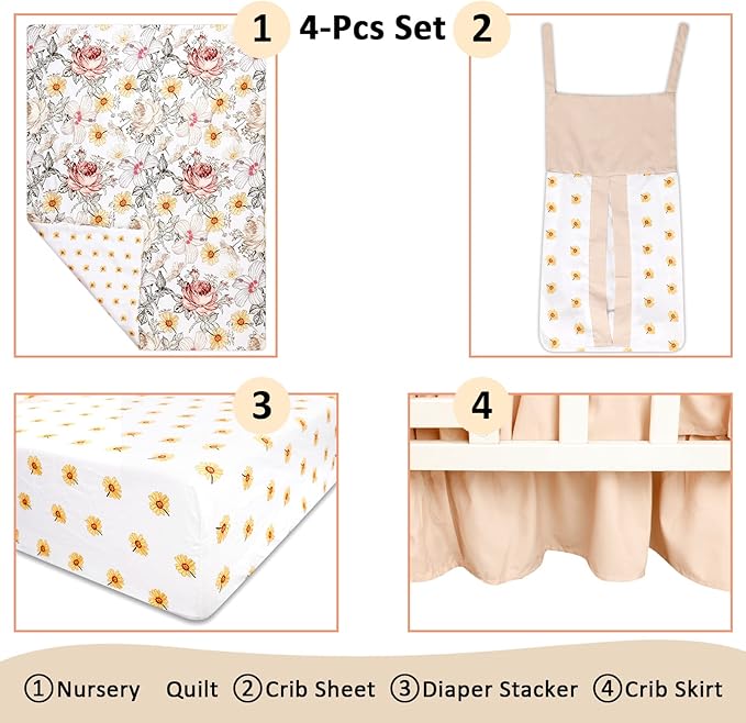 4-Piece Crib Bedding Set for Girls, Boho Baby Girl Bedding Set with Crib Skirt, Baby Quilt, Crib Sheet and Diaper Stacker, Flower