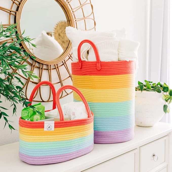 OrganiHaus Tall Rainbow Rope Blanket Basket for Living Room Decor, Cute Woven Baby Laundry Basket, Baby Nursery Hampers for Toys, Kids Laundry Hamper for Dirty Clothes, Decor for Kids Classroom