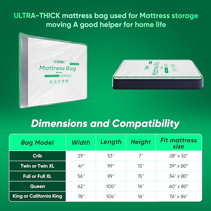 ZCHENBS® – Mattress Bags for Moving and Storage,Mattress Bag with Zippers,5 Mil Ultra-Thick Bed Bag,Waterproof,Anti-Tear,Heavy-Duty Mattress bag (Tansparent/Green, Green-Queen-(2 Pack))