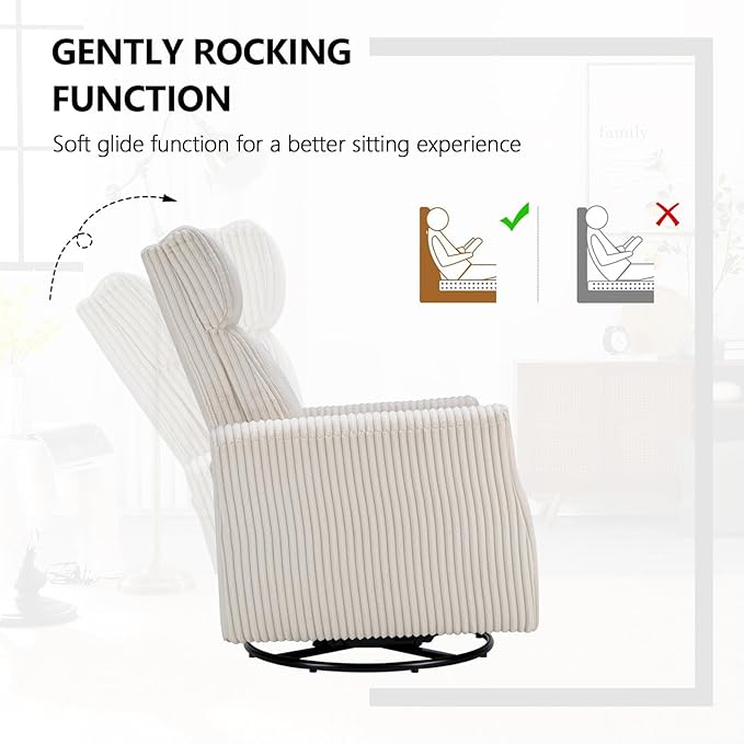 CANMOV Swivel Rocker Chair for Nursery, Swivel Accent Chair with High Back and Arms, Corduroy Glider Chair for Living Room Bedroom Nursery, Beige