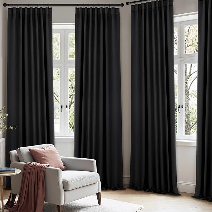 ANRODUO Back Tab Blackout Curtains for Bedroom Living Room, Rod Pocket Pinch Pleated Thermal Insulated Room Darkening Curtains 45 Inches Long 2 Panels, Black, 42 x 45 Inch