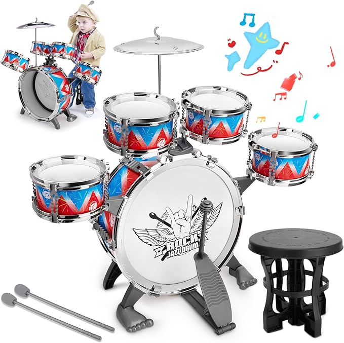 Toddler Drum Set Kids Jazz Drum Kit with Stool Musical Instruments Toys Birthday Chirstmas Easter Gifts for Boys Girls Aged 3 4 5 Year Old
