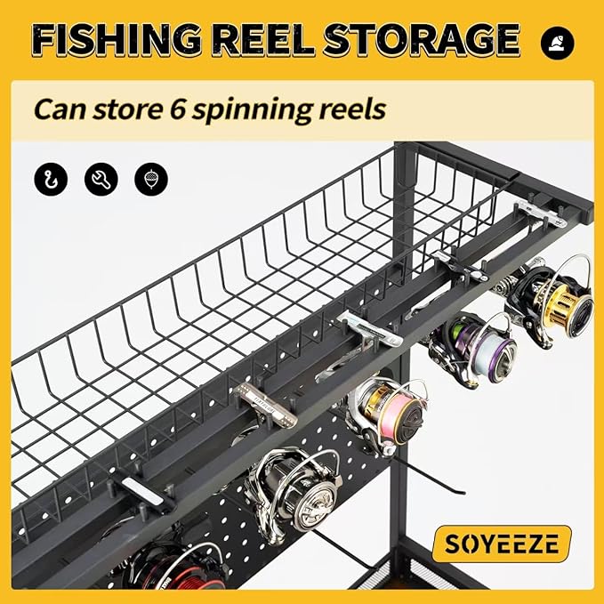 SOYEEZE Fishing Rod Holders for Garage,Fishing Gear Holder for Fishing Rod Tackle Box Storage，Fishing Pole Holders for 12 Rods with Hooks and Pegboard,Fishing Cart with Reel Rack