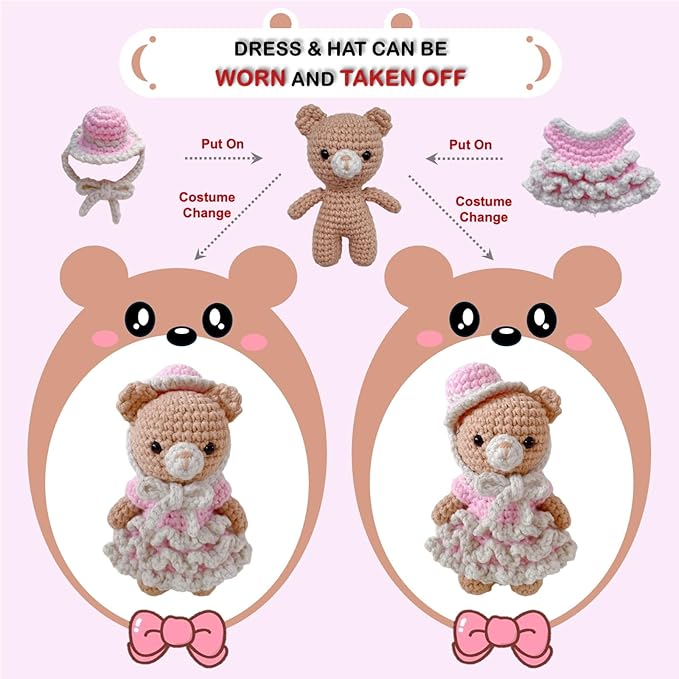 LoopMap Crochet Kit for Beginners - DIY Amigurumi Bear with Removable Dress & Accessories - Step-by-Step Video Tutorials, Extra Yarn, Crochet Tools, Handmade Gift for Kids & Adults (Bear K02, Pink)