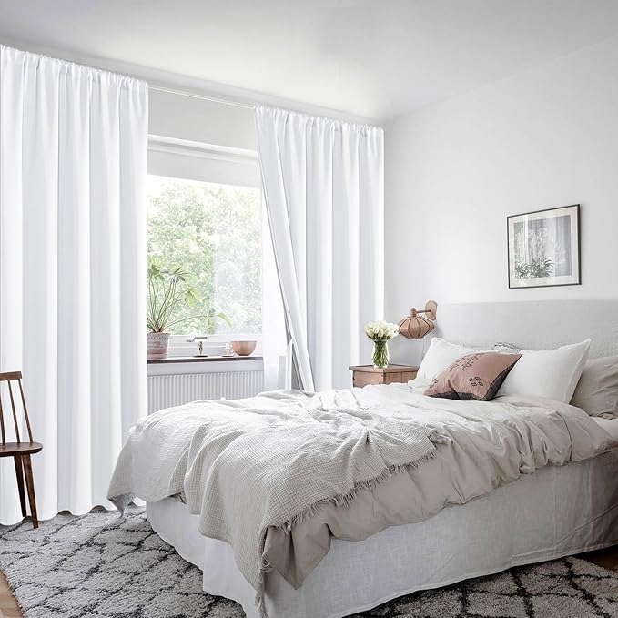 XWZO White 100% Blackout Curtains - Heat and Full Light Blocking Drapes with Black Liner for Bedroom/Laundry Room, Rod Pocket Extra Large Window Panels with Tiebacks, White, W52 x L108, Set of 2