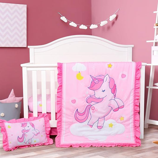 UOMNY Crib Bedding Set for Girls 4 Piece Unicorn Baby Girl Crib Bedding Sets with Baby Comforter Crib Sheet Crib Skirt Pillowcase Nursery Bedding Set