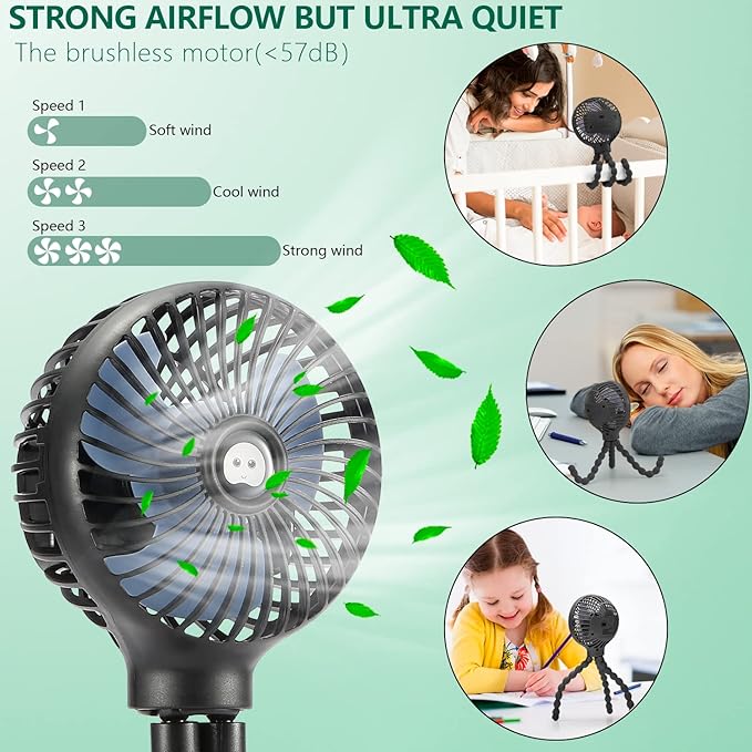 snawowo Mini Handheld Personal Portable Fan, Baby Stroller Fan, Car Seat Fan, USB or Battery Powered, with Flexible Tripod Clip on Student Bed Desk Bike Crib Treadmill Camping Traveling(Black)