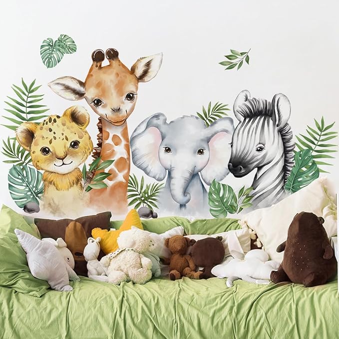52.51x23.62 Inch Watercolor Jungle Animal Wall Decals Safari Forest Animal Wall Sticker Elephant Lion Monkey Decals for Baby Nursery Playroom Bedroom Classroom Kindergarten Decor