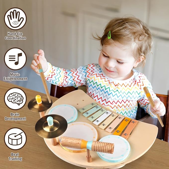 Toddlers Drum Set Toys for Toddlers 1-3,Baby Drum with Xylophone,Musical Instruments Toy, Kids Wooden Montessori Toys Birthday Gift for Boys Girls