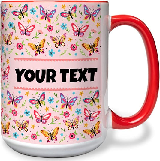 Personalized Mug for Kids - Butterflies - Custom Name/Text, Ceramic Hot Chocolate/Cocoa/Coffee Cup for Girls, Birthday/Christmas/Holiday Gift - 15 oz, Red Handle