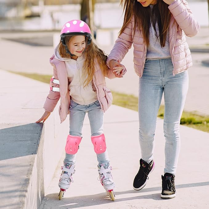 Totority Kids Helmet Knee Elbow Pads: 7pcs Children Skating Helmet Skateboard Knee Gear Wrist Cuff Elbow Protectors Pink