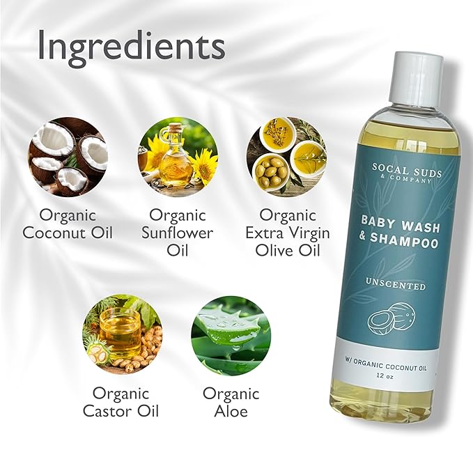 SoCal Suds & Company Baby Shampoo & Body Wash, 2-in-1 Organic Gel - Gentle Castile Soap with Vitamin-Infused Oils & Botanicals - Natural Care for Sensitive Skin Hypoallergenic -12oz Fragrance Free 2Pk