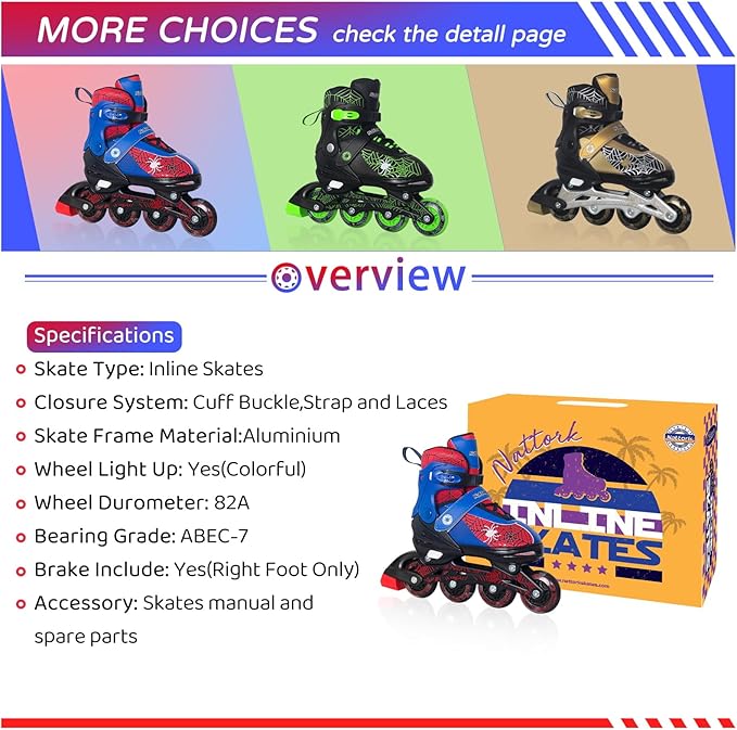 Nattork Kids Adjustable Inline Skates with PU Flash Wheels, Fun Roller Skates for Ages 4-12, Indoor/Outdoor Birthday Gift for Son and Grandson