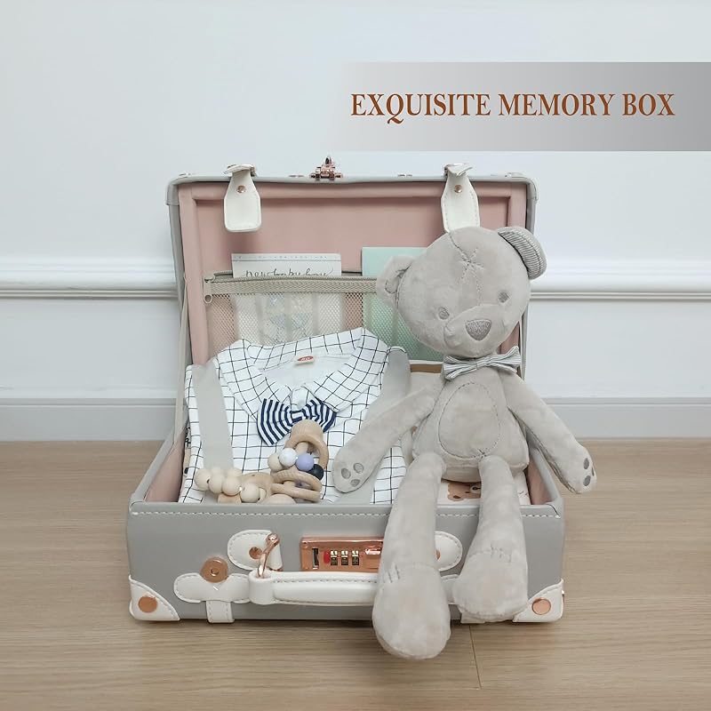 Unitravel Baby Keepsake Case, 13" Handmade Memory Storage Box, Newborn Keepsake Box, Vintage Suitcase for Baby Shower, Baptism, Naming Ceremony or Birthday (grey)