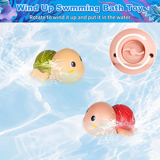 Mold-Free Baby Bath Toys Set 16 Pcs (2 Wind-Up Turtles, 7 No-Hole Sea Animals, 5 Stackable Boats, Fishing Net & Storage Bag) – BPA & Phthalate-Free, Ideal Water Table Baby Pool Toys for Kids Ages 1-3