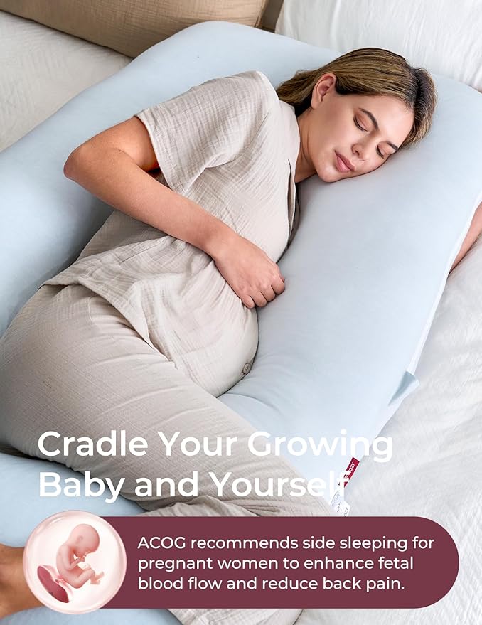 Momcozy Pregnancy Pillows for Sleeping, U Shaped Full Body Pillow 57 Inch for Pregnant Women with Back, Hip, Leg, Belly Support, Washable Jersey Cotton Cover Included, Light Blue