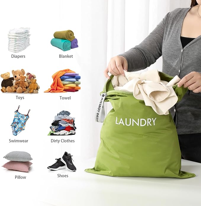 MissBoy 2 Pack Laundry Bags, Nylon Washable Wet Dry Bag, Travel Laundry Bags for Dirty Clothes, Dirty Clothes Organizer Bag for Home, College Dorm Laundromat