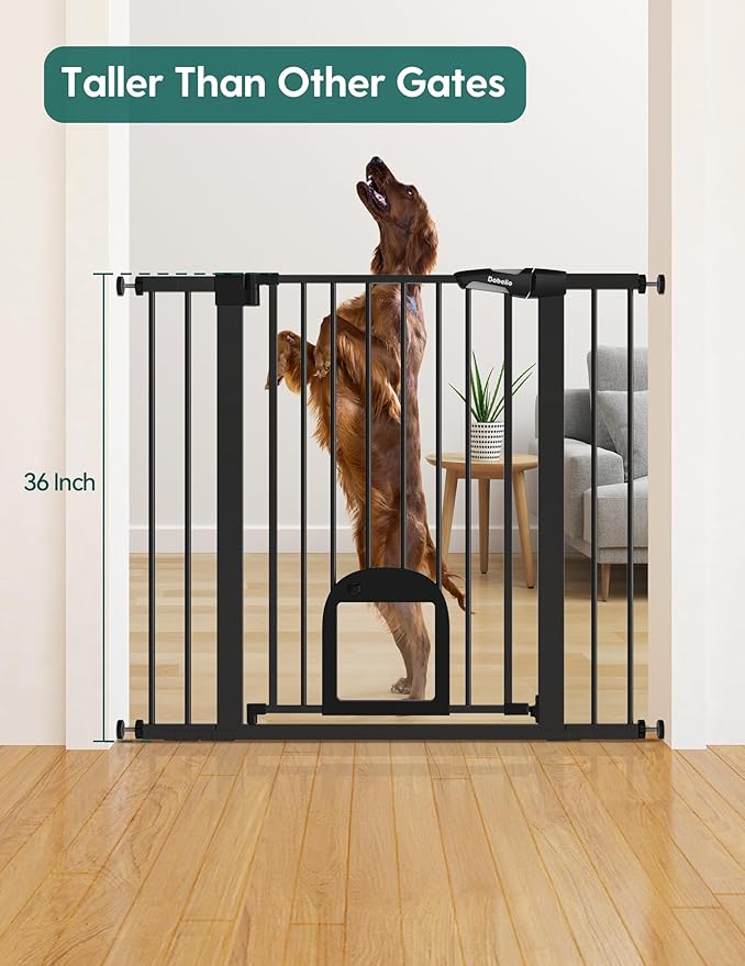 Babelio 36" Tall Upgraded Baby Gate with Cat Door,29-43" Auto Close Durable Dog Gate for Stairs,Doorways and House,Easy Walk Thru,Includes 4 Wall Cups,Black