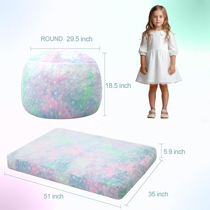 COMAX Kids Bean Bag Chair Turn into Beanbag Bed, Unicorn Toddler Bean Chair for Girl Boy Sleeping, Lazy Children Sofa Couch with Filler, Convertible Child Floor Mattress, Colorful Star