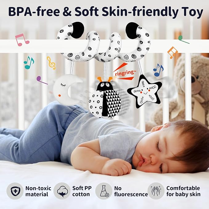 Car Seat Toys for Babies 0-6 Months,Hanging Rattle Toys for Crib Mobile, Baby Spiral Hanging Stroller Black and White High Contrast Toys for Newborn 0 3 6 9 12 Months Baby Boys Girls (Bug)