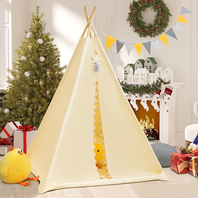 Teepee Tent for Kids with Padded Mat Cotton Canvas Kids Teepee with Pompom for Toddlers Indoor Play Tent for Girls Boys with Stars Lights, Carry Bag, Banner Flag (Cream)