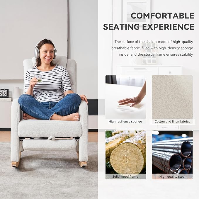 Rocking Chair Nursery, Modern Glider Chair with Adjustable Footrest and Solid Wood Legs, High Backrest Nursery Chair with Side Pocket, Rocker Armchair for Living Room Bedroom, Teddy Ivory