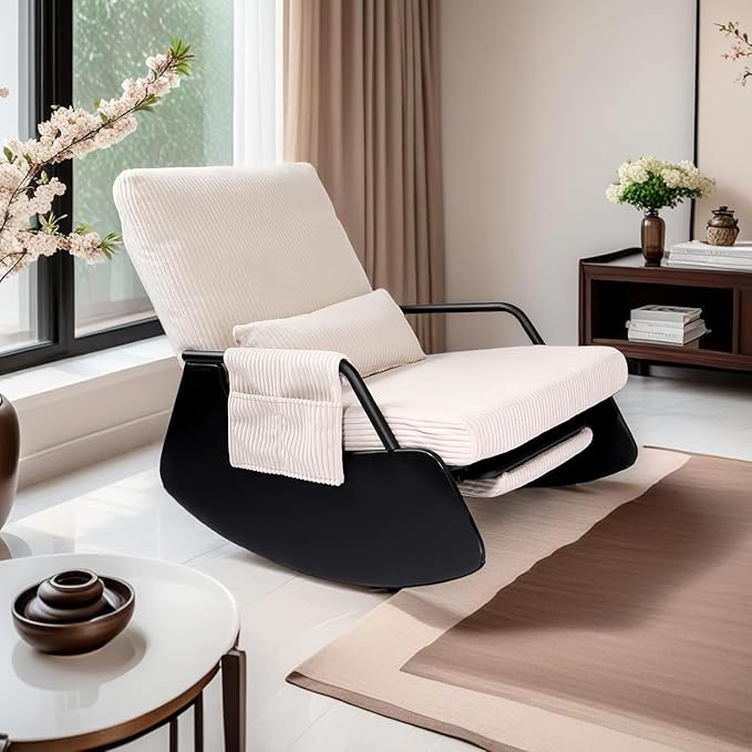 Rocking Chair for Nursery, Modern Upholstered Plush Seating Glider Recliner Chair with High Backrest and Side Pocket, Accent Armchair with Cushions for Living Room/Reading (Beige)