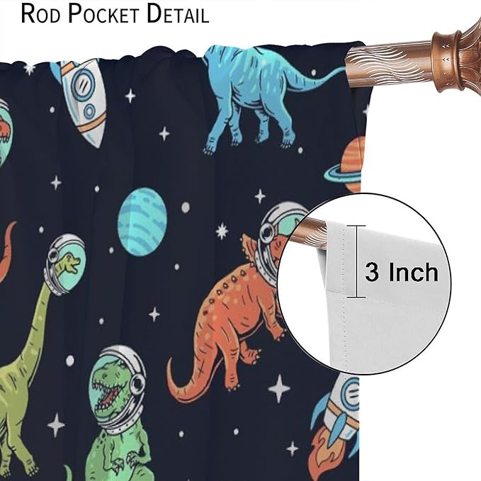 Cartoon Dinosaur Curtains for Kids Boys Girls Home Decor, Astronaut Rocket Funny Outer Space Blackout Rod Pocket Window Drapes for Bedroom Living Room W27.5xL63in 2 Panels