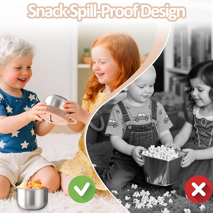 BUSOHA 2 Pack Stainless Steel Toddler Snack Cups - 9 OZ Spill-Proof Baby Snack Containers with Silicone Catcher and Lid Travel Snack Containers for Kids Dishwasher Safe Food Grade Silicone
